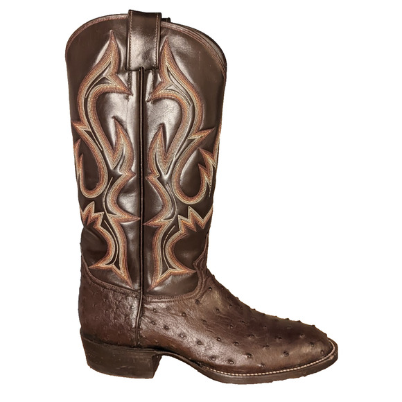 Men’s Full Quill Ostrich Cowboy Boots Brown Leather Western Handmade US 9.5 D